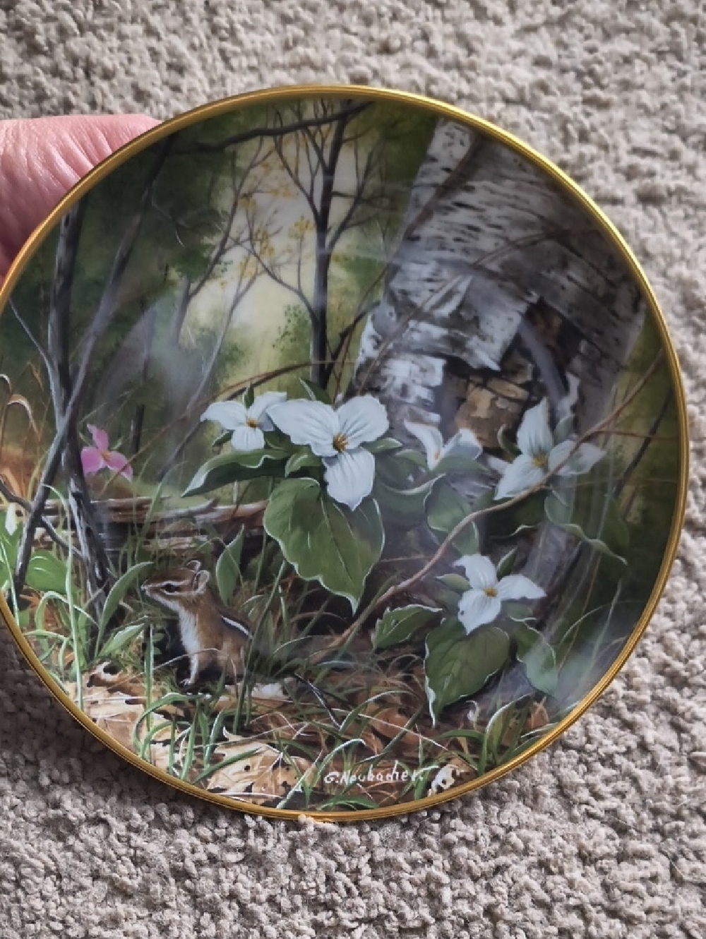 G. Nankendorff White Floral Woodland Ceramic Collector Plate